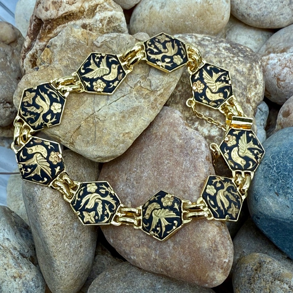 Vintage Toledo Damascene Spain Bird Floral Gold Black Bracelet 7.75”–8” - Picture 4 of 17